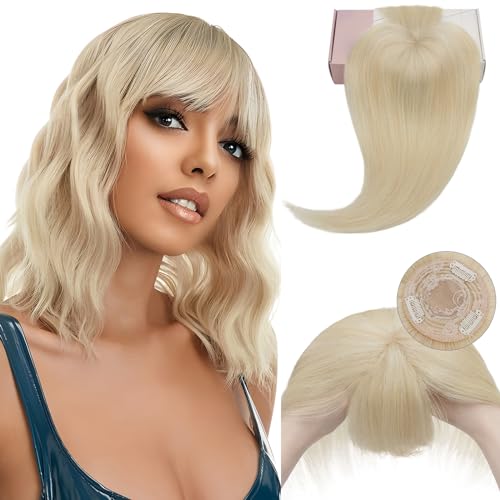 Elailite Toupet Frauen Haarteil Echthaar Topper Pony MONO Clip in Extensions Haarverlängerung Remy Glatt #60 Platinblond - 30cm von Elailite