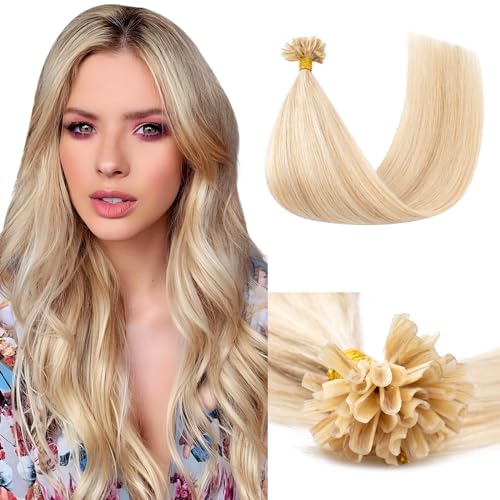 Elailite U-Tip Echthaar Bonding Extensions Keratin Haarverlängerung Haar für Mädchen 100 Strähnen 22"(55cm) #18P613 Honigblond/Hellblond von Elailite