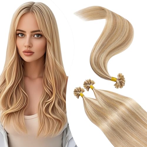Elailite U-Tip Echthaar Bonding Extensions Haarverlängerung Keratin Haarverlängerung Haar für Mädchen 100 Strähnen 24''(61 cm)-100g Weissbraun/Hellblond #12P613 von Elailite