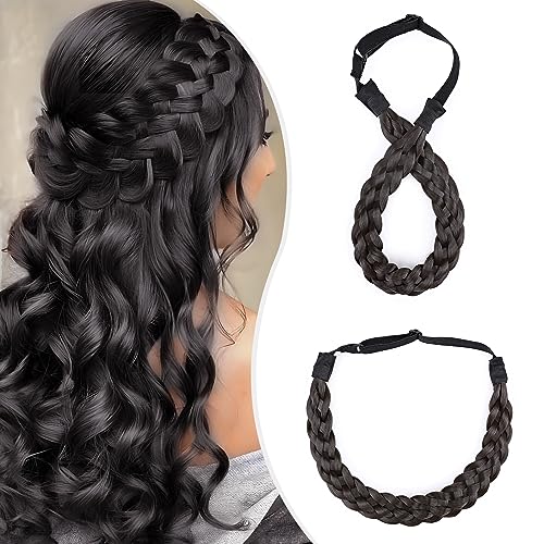 Elailite Haarband Geflochten Haargummi mit Haare Damen Haarteile Dutt Braids Extensions Stirnband Breit 2.5cm/M Zopf Haarreif Verstellbare Kopfband Haarschmuck 30g Dunkelbraun von Elailite