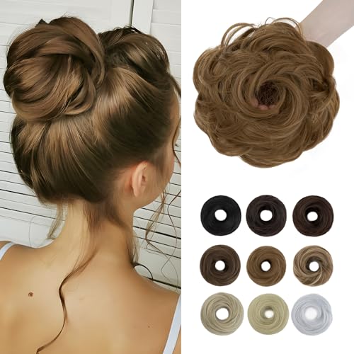 Elailite Haarteil Dutt Haargummi mit Haaren Haarteile mit Gummiband 55g für Frauen Donut Haardutt Hair Chignons Synthetische Pferdeschwanz Zopf Extensions #27 Dunkelblond von Elailite