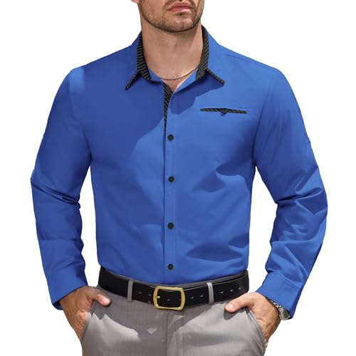 Elainone Hemd Herren Langarm Business Freizeithemd mit Tasche Regular Fit Anzughemd für Hochzeit Office Blau XXL von Elainone