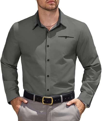 Elainone Hemd Herren Langarm Business Freizeithemd mit Tasche Regular Fit Anzughemd für Hochzeit Office Grau XL von Elainone