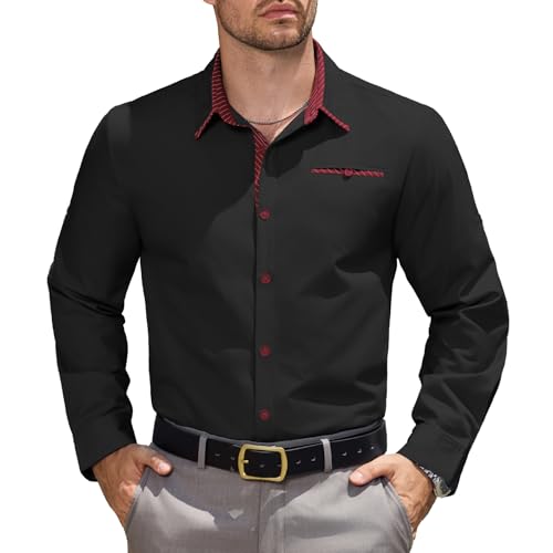 Elainone Hemd Herren Langarm Business Freizeithemd mit Tasche Regular Fit Anzughemd für Hochzeit Office Schwarz XXL von Elainone