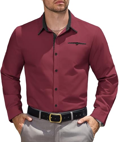 Elainone Hemd Herren Langarm Business Freizeithemd mit Tasche Regular Fit Anzughemd für Hochzeit Office Weinrot M von Elainone