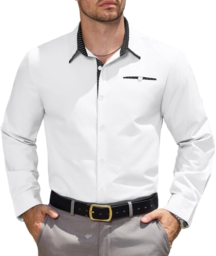 Elainone Hemd Herren Langarm Business Freizeithemd mit Tasche Regular Fit Anzughemd für Hochzeit Office Weiß L von Elainone