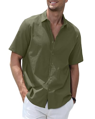 Herren Hemd Kurzarm Schlicht Freizeithemd Baumwolle Leinen Sommerhemd Einfarbig, Mens Casual Summer Shirts, Grün XXL von Elainone