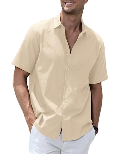 Elainone Herren Hemd Kurzarm Schlicht Freizeithemd Baumwolle Leinen Sommerhemd Einfarbig, Mens Casual Summer Shirts, Beige 2XL von Elainone