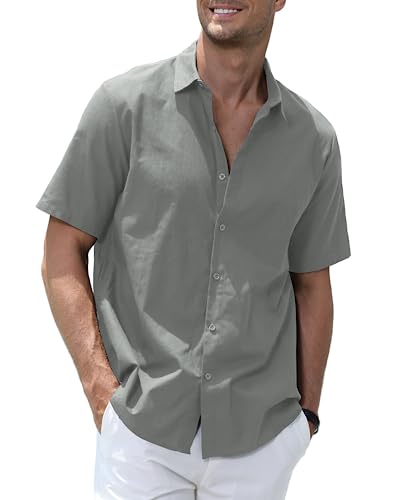 Elainone Herren Hemd Kurzarm Schlicht Freizeithemd Baumwolle Leinen Sommerhemd Einfarbig, Mens Casual Summer Shirts, Grau 2XL von Elainone