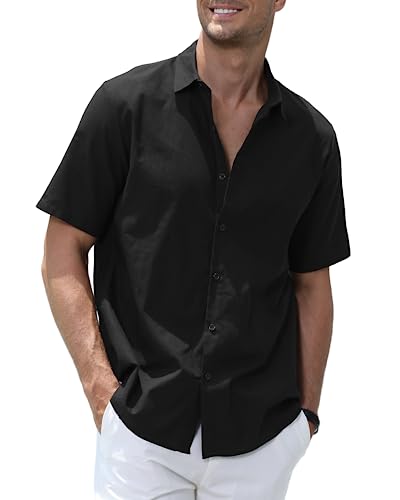 Elainone Herren Hemd Kurzarm Schlicht Freizeithemd Baumwolle Leinen Sommerhemd Einfarbig, Mens Casual Summer Shirts, Schwarz M von Elainone