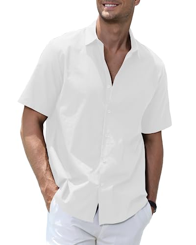 Herren Hemd Kurzarm Schlicht Freizeithemd Baumwolle Leinen Sommerhemd Einfarbig, Mens Casual Summer Shirts, Weiß M von Elainone