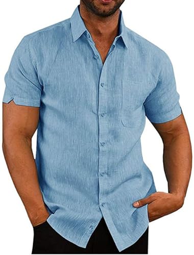 Elainone Herren Hemden Kurzarm Regular Fit Freizeithemd Baumwolle Leinen Sommerhemd mit Tasche, Mens Casual Shirts, Blau 2XL von Elainone