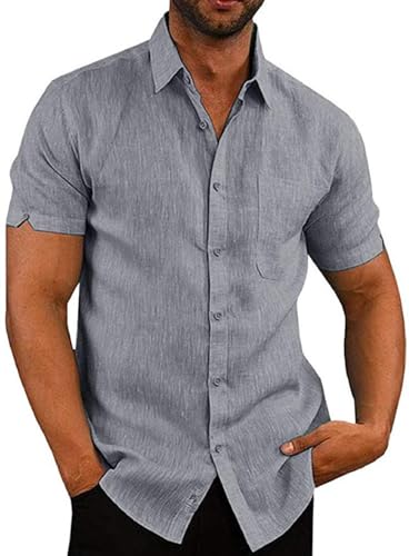 Elainone Herren Hemden Kurzarm Regular Fit Freizeithemd Baumwolle Leinen Sommerhemd mit Tasche, Mens Casual Shirts, Grau L von Elainone