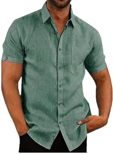 Elainone Herren Hemden Kurzarm Regular Fit Freizeithemd Baumwolle Leinen Sommerhemd mit Tasche, Mens Casual Shirts, Grün L von Elainone