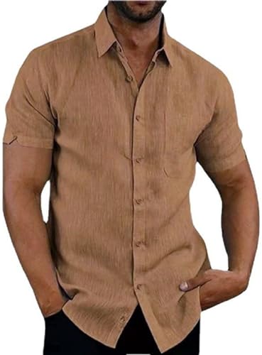 Elainone Herren Hemden Kurzarm Regular Fit Freizeithemd Baumwolle Leinen Sommerhemd mit Tasche, Mens Casual Shirts, Khaki M von Elainone