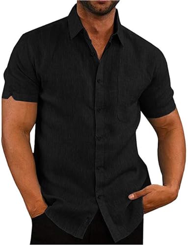 Elainone Herren Hemden Kurzarm Regular Fit Freizeithemd Baumwolle Leinen Sommerhemd mit Tasche, Mens Casual Shirts, Schwarz 2XL von Elainone