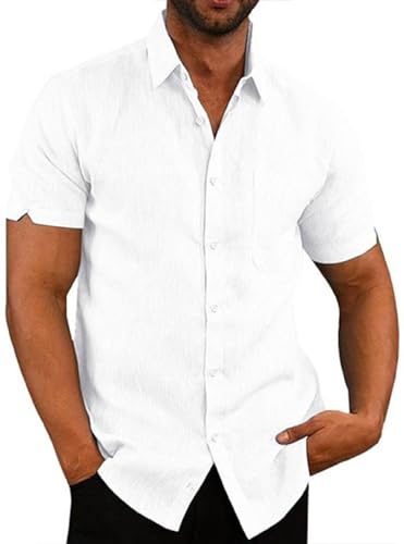 Herren Hemden Kurzarm Regular Fit Freizeithemd Baumwolle Leinen Sommerhemd mit Tasche, Mens Casual Shirts, Weiß M von Elainone