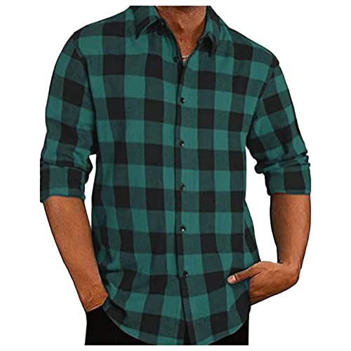 Elainone Herren Kariertes Hemd Langarm Loose Fit Freizeithemden Vintage Arbeitshemd Oktoberfest Karohemd Herbst Winter, Grün XXL von Elainone