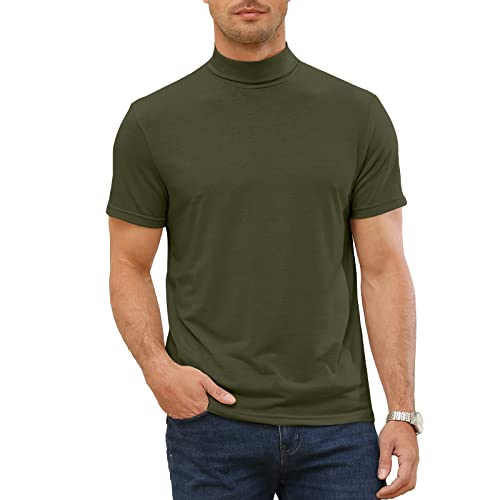 Herren Kurzarm T-Shirts Rollkragen Thermo Unterwäsche Sport Einfarbig Elastische Oberteile Casual Basic Tops, Armee Grün 2XL von Elainone