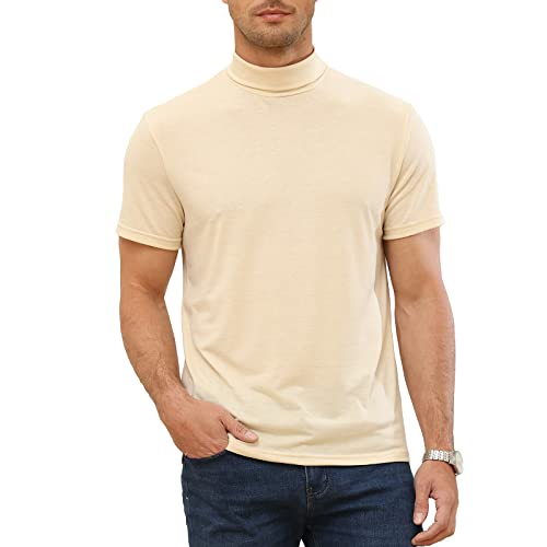 Elainone Herren Kurzarm T-Shirts Rollkragen Thermo Unterwäsche Sport Einfarbig Elastische Oberteile Casual Basic Tops, Beige 2XL von Elainone