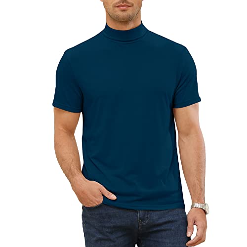 Elainone Herren Kurzarm T-Shirts Rollkragen Thermo Unterwäsche Sport Einfarbig Elastische Oberteile Casual Basic Tops, Dunkel Blau 2XL von Elainone