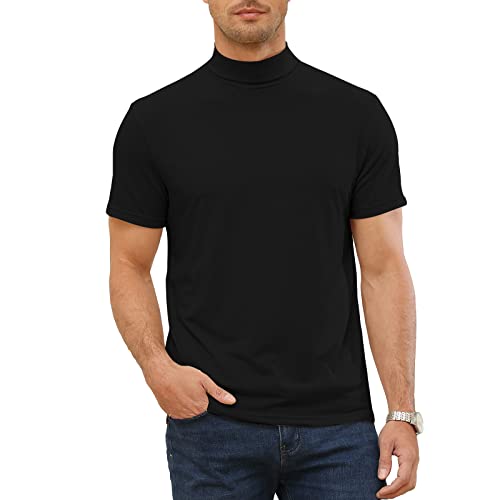 Herren Kurzarm T-Shirts Rollkragen Thermo Unterwäsche Sport Einfarbig Elastische Oberteile Casual Basic Tops, Armee Schwarz 3XL von Elainone