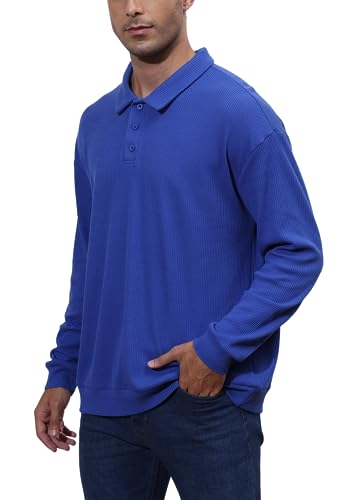 Elainone Herren Loose Fit Polohemd Langarm Einfarbig Freizeit Raglan Poloshirts Winter, Dunkel Blau 3XL von Elainone