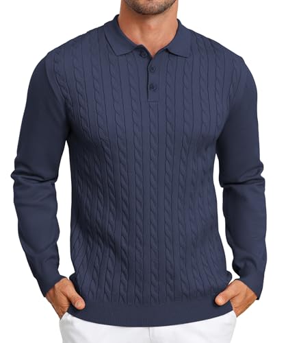 Elainone Herren Polo Pullover Langarm Strickpullover Mit Polokragen Slim fit Zopfmuster Pullover Sweater Leichter Freizeit Feinstrickpullover Dunkelblau L von Elainone