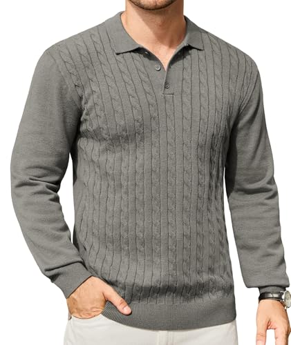 Elainone Herren Polo Pullover Langarm Strickpullover Mit Polokragen Slim fit Zopfmuster Pullover Sweater Leichter Freizeit Feinstrickpullover Grau M von Elainone