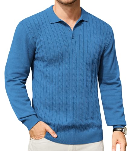 Elainone Herren Polo Pullover Langarm Strickpullover Mit Polokragen Slim fit Zopfmuster Pullover Sweater Leichter Freizeit Feinstrickpullover Jeansblau 3XL von Elainone