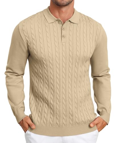 Elainone Herren Polo Pullover Langarm Strickpullover Mit Polokragen Slim fit Zopfmuster Pullover Sweater Leichter Freizeit Feinstrickpullover Khaki M von Elainone