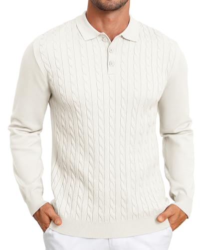 Elainone Herren Polo Pullover Langarm Strickpullover Mit Polokragen Slim fit Zopfmuster Pullover Sweater Leichter Freizeit Feinstrickpullover Weiß L von Elainone
