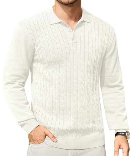 Elainone Herren Polo Pullover Langarm Strickpullover Mit Polokragen Slim fit Zopfmuster Pullover Sweater Leichter Freizeit Feinstrickpullover Weiß XL von Elainone