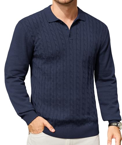 Elainone Herren Polo Strickpullover Langarm Feinstrick Polokragen Pullover Basic Einfarbig Warme Winter Pulli für Männer Dunkelblau M von Elainone
