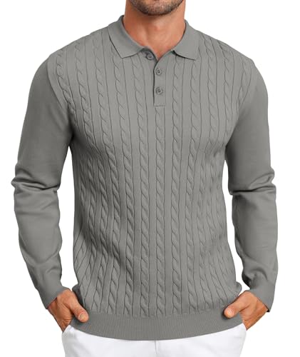 Elainone Herren Polo Pullover Langarm Strickpullover Mit Polokragen Slim fit Zopfmuster Pullover Sweater Leichter Freizeit Feinstrickpullover Grau L von Elainone