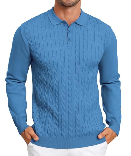 Elainone Herren Polo Pullover Langarm Strickpullover Mit Polokragen Slim fit Zopfmuster Pullover Sweater Leichter Freizeit Feinstrickpullover Jeansblau L von Elainone