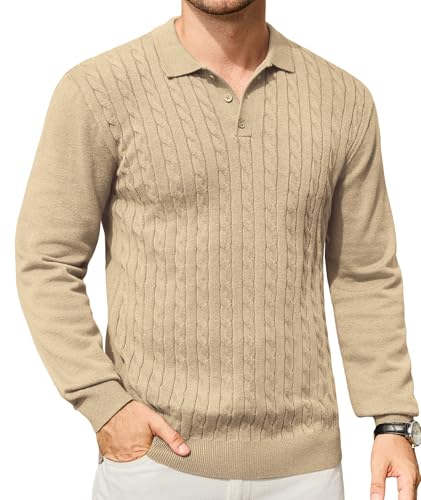 Elainone Herren Polo Strickpullover Langarm Feinstrick Polokragen Pullover Basic Einfarbig Warme Winter Pulli für Männer Khaki L von Elainone