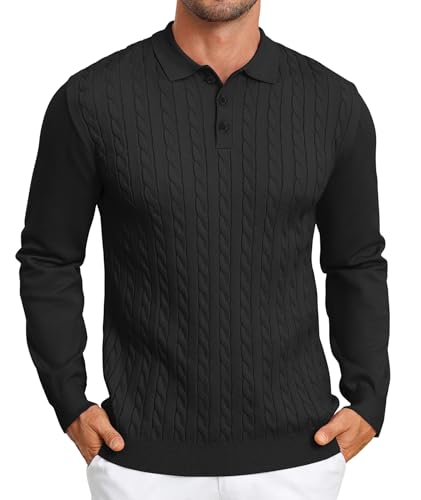 Elainone Herren Polo Pullover Langarm Strickpullover Mit Polokragen Slim fit Zopfmuster Pullover Sweater Leichter Freizeit Feinstrickpullover Schwarz L von Elainone