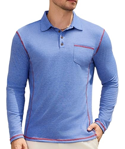 Elainone Herren Poloshirt Langarm mit Brusttasche Kontraststreifen Atmungsaktives Golf T-Shirts für Outdoor Casual Regular Fit Blau L von Elainone