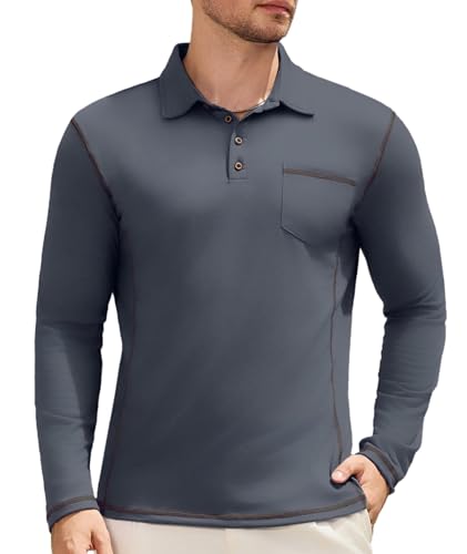Elainone Herren Poloshirt Langarm mit Brusttasche Kontraststreifen Atmungsaktives Golf T-Shirts für Outdoor Casual Regular Fit Dunkelgrau 3XL von Elainone