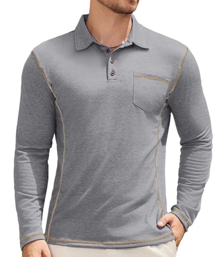 Elainone Herren Poloshirt Langarm mit Brusttasche Kontraststreifen Atmungsaktives Golf T-Shirts für Outdoor Casual Regular Fit Grau XL von Elainone