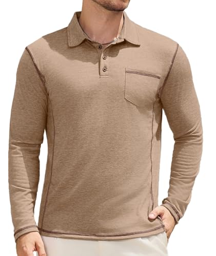 Elainone Herren Poloshirt Langarm mit Brusttasche Kontraststreifen Atmungsaktives Golf T-Shirts für Outdoor Casual Regular Fit Khaki XXL von Elainone