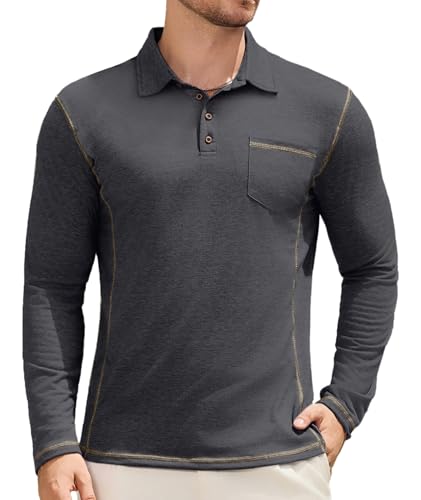 Elainone Herren Poloshirt Langarm mit Brusttasche Kontraststreifen Atmungsaktives Golf T-Shirts für Outdoor Casual Regular Fit Schwarz M von Elainone