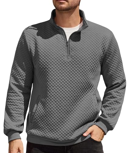 Elainone Herren Pullover mit 1/4 Reißverschluss Stehkragen Winterwarmer Arbeitspullover mit Tasche Regular Fit Grau 3XL von Elainone