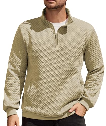 Elainone Herren Pullover mit 1/4 Reißverschluss Stehkragen Winterwarmer Arbeitspullover mit Tasche Regular Fit Hellkhaki M von Elainone