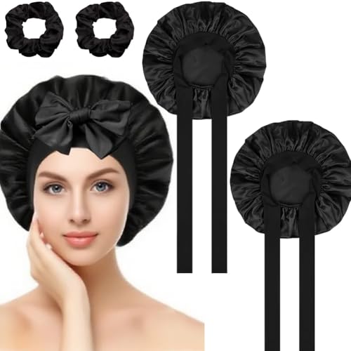 2 Stück Duschhaube Damen und 2 Stück Schwarz Seiden Scrunchie Set, Satin Haarhaube Schwarz Schlafhaube Seide Lockenhaube, Bonnet Seide zum Schlafen 2 Stück Duschhaube Damen und 2 Stück Schwarz Seiden Scrunchie Set, Satin Haarhaube Schwarz Schlafhaube Seide Lockenhaube, Bonnet Seide zum Schlafen von Elalove