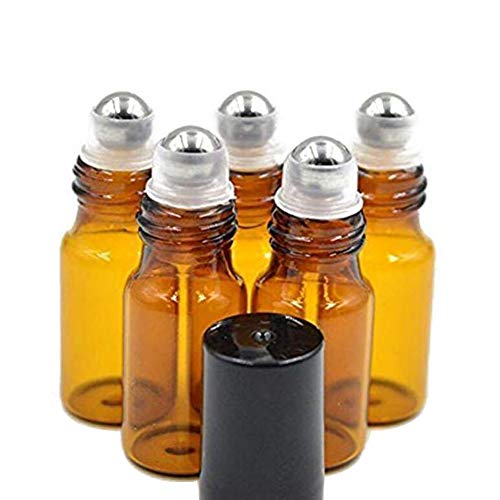24PCS 3ml/5ml(0.1oz/0.17oz) Amber Empty Glass Roller Bottle Roll-on Bottle Vial Container Holder Pot Jar With Metal Roller Ball and Black Caps for Essential Oil Perfumes Lip Gloss Balms (5ml) von Elandy