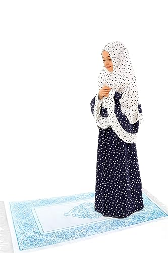 Elanesa Mädchen Gebetskleidung Kinder Islamische Kleidung Kleid Mädchen Zweiteilige Kleider Maxi Skirt, Langer Hijab und Rosenkranz Geschenk Sterne gedruckt (972,6-7, Weiß) von Elanesa