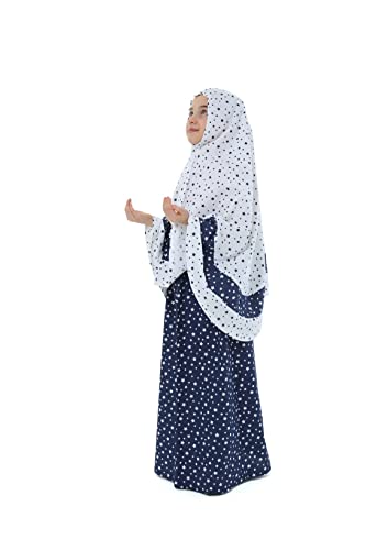 Elanesa Mädchen Gebetskleidung Kinder Islamische Kleidung Kleid Mädchen Zweiteilige Kleider Maxi Skirt, Langer Hijab und Rosenkranz Geschenk Sterne gedruckt (956,8-9, Weiß) von Elanesa