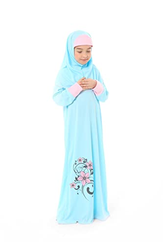 Elanesa Mädchen Gebetskleidung Kinder Islamische Kleidung Kleid Mädchen zweiteilige Kleider Maxi Gebetskleid mit Ärmelbündchen, hijab und Rosenkranz Geschenk Blumen gedruckt (100,10-11, Türkis) von Elanesa